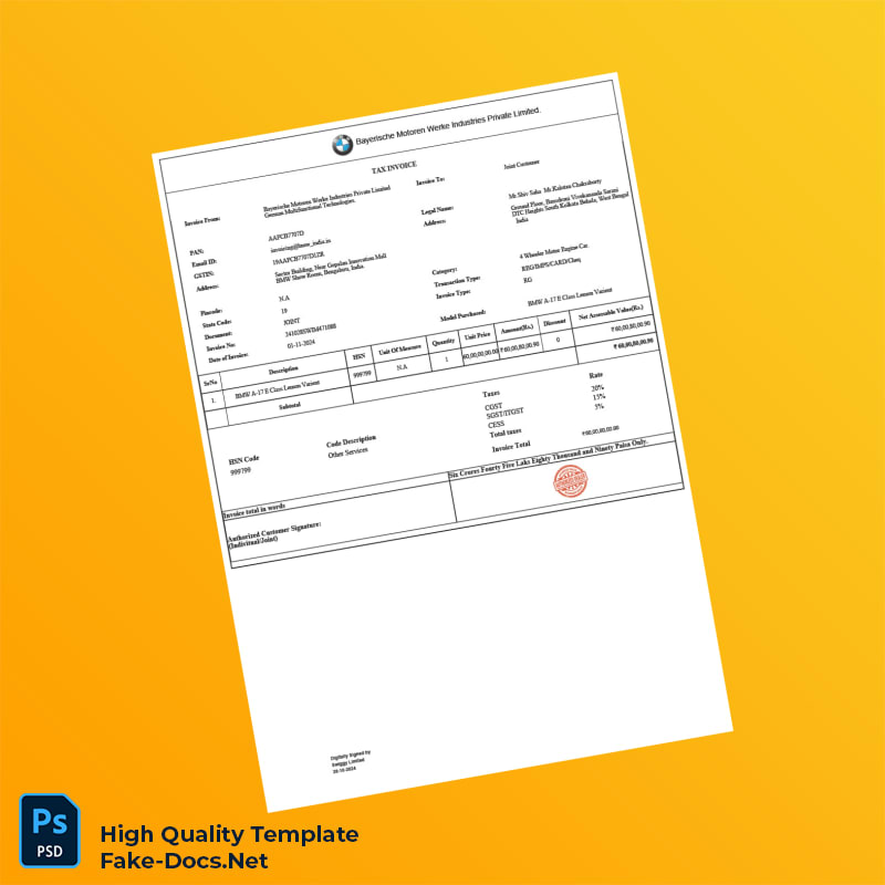 India Bayerische Motoren Werke Industries Private Limited Tax Invoice Template in Word and PDF formats 2 page India Bayerische Motoren Werke Industries Private Limited Tax Invoice Template in Word and PDF formats 2 page