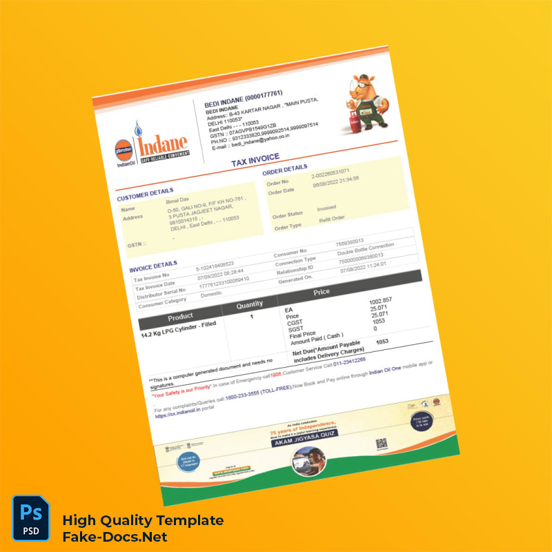 India Bedi Indane Tax Invoice Template in Word and PDF formats 2 page India Bedi Indane Tax Invoice Template in Word and PDF formats 2 page