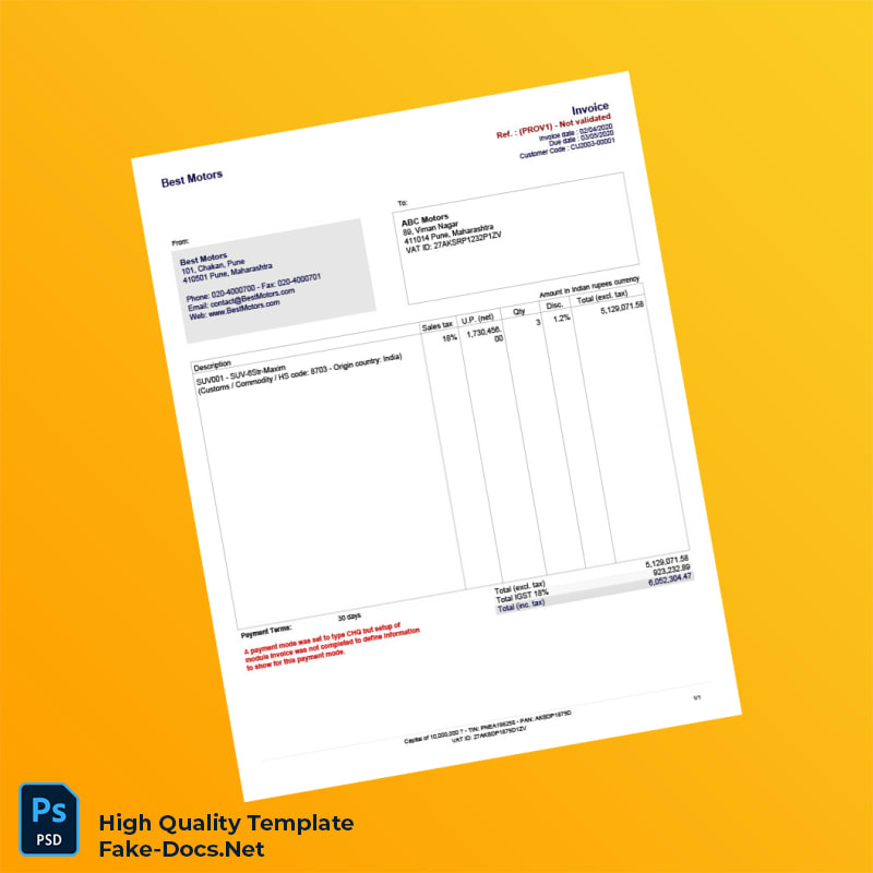 India Best Motors Invoice Template in Word and PDF formats India Best Motors Invoice Template in Word and PDF formats