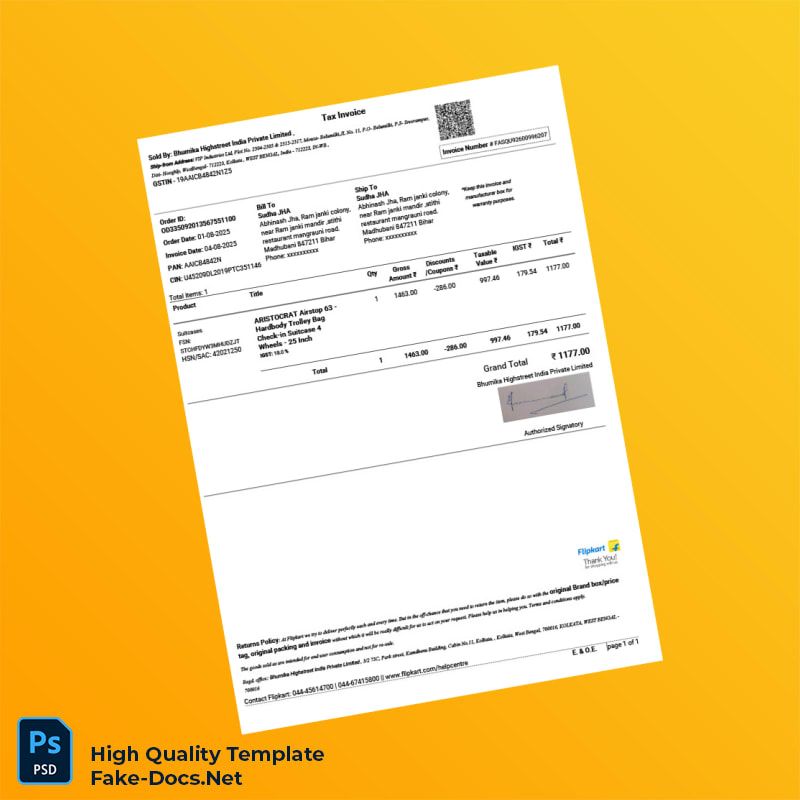 India Bhumika Highstreet India Private Limited Tax Invoice Template in Word and PDF formats India Bhumika Highstreet India Private Limited Tax Invoice Template in Word and PDF formats