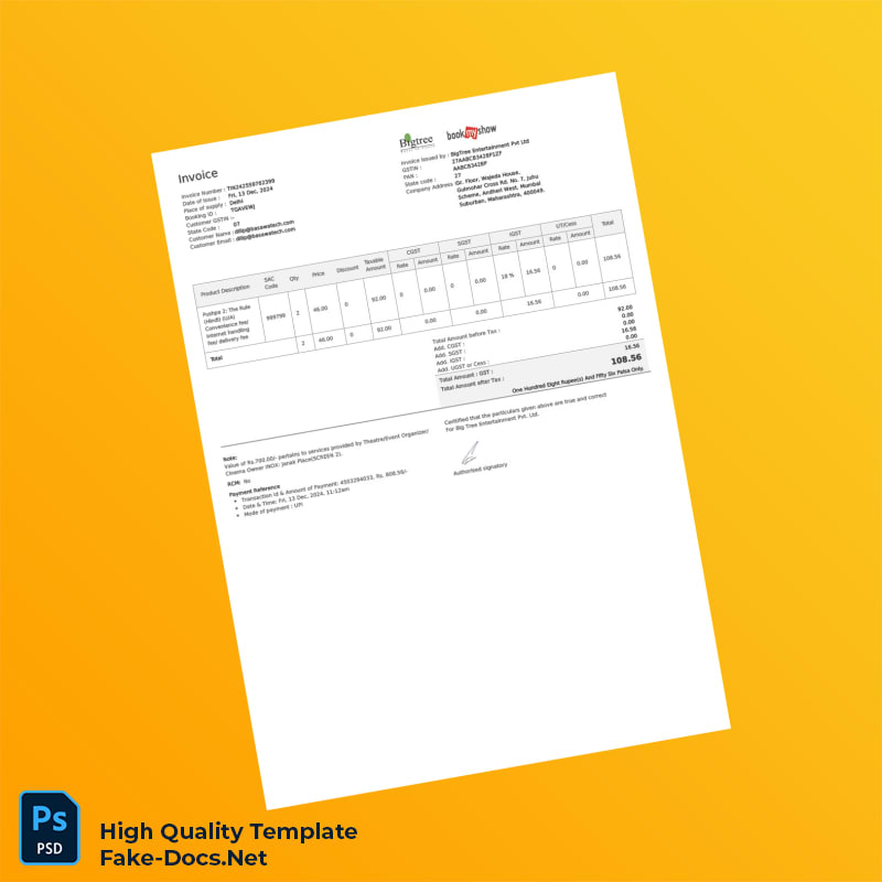 India Big Tree Entertainment Invoice Template in Word and PDF formats India Big Tree Entertainment Invoice Template in Word and PDF formats