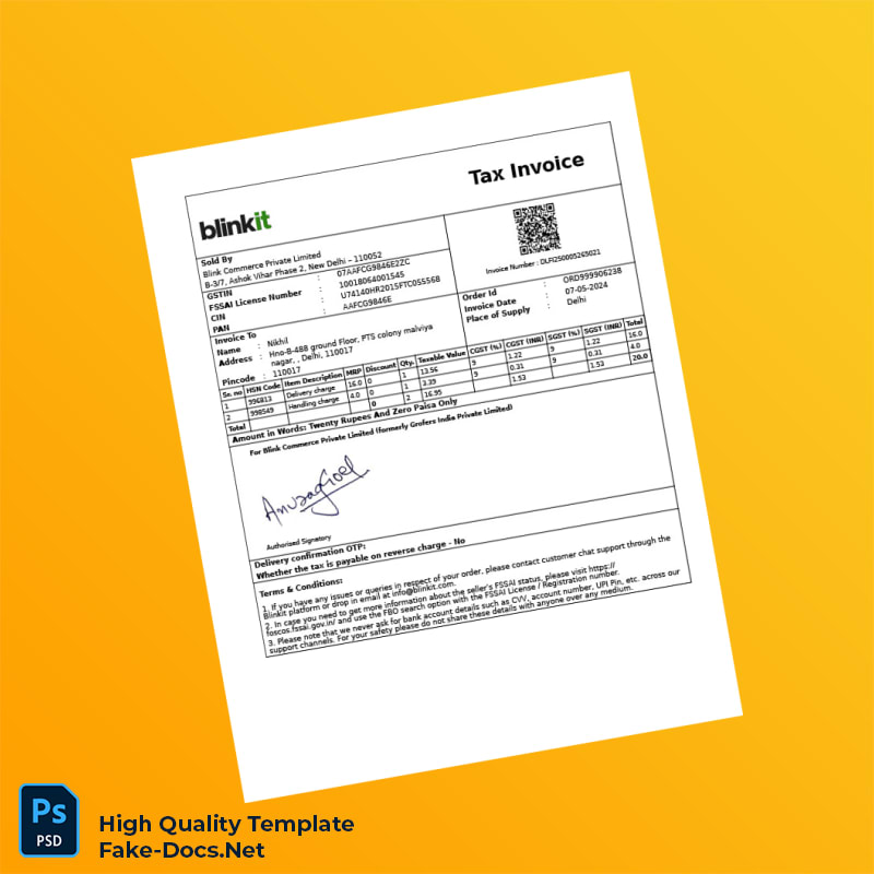 India Blink Commerce Private Limited Tax Invoice Template in Word and PDF formats 2 page India Blink Commerce Private Limited Tax Invoice Template in Word and PDF formats 2 page