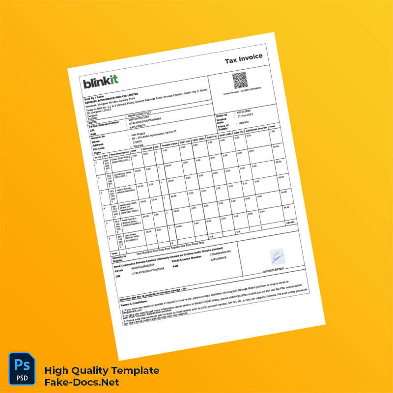 India BlinkIt Commerce Private Limited Invoice Template in Word and PDF formats 3 page India BlinkIt Commerce Private Limited Invoice Template in Word and PDF formats 3 page