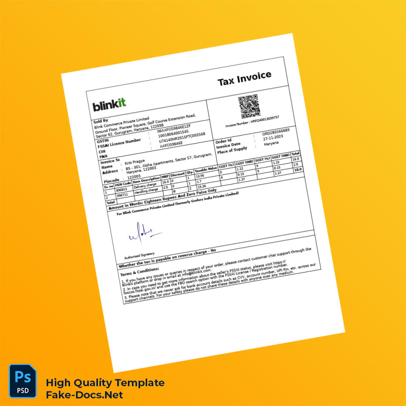 India BlinkIt Commerce Private Limited Invoice Template in Word and PDF formats 3 page India BlinkIt Commerce Private Limited Invoice Template in Word and PDF formats 3 page