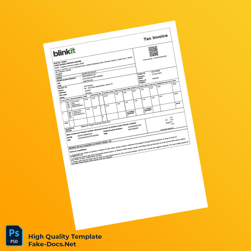 India BlinkIt Commerce Private Limited Invoice Template in Word and PDF formats 3 page India BlinkIt Commerce Private Limited Invoice Template in Word and PDF formats 3 page