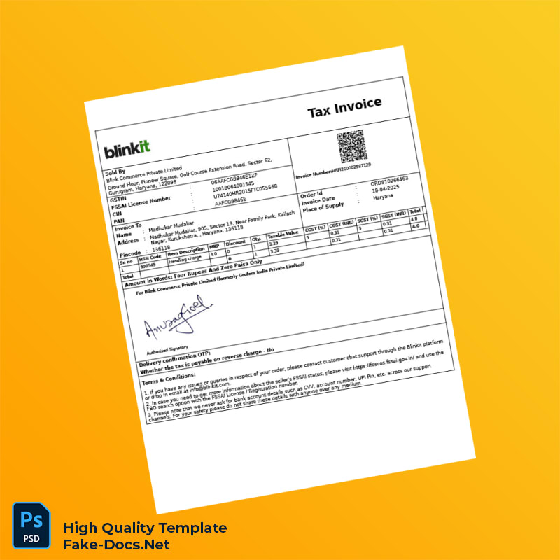 India Blinkit Tax Invoice Template in Word and PDF formats 3 page India Blinkit Tax Invoice Template in Word and PDF formats 3 page