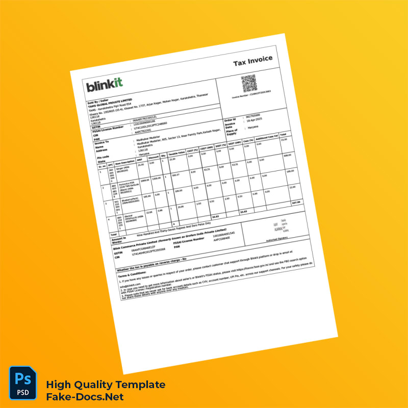 India Blinkit Tax Invoice Template in Word and PDF formats 3 page India Blinkit Tax Invoice Template in Word and PDF formats 3 page