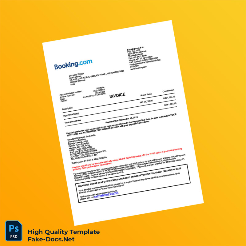 India Booking com B V Invoice Template in Word and PDF formats 2 page India Booking com B V Invoice Template in Word and PDF formats 2 page