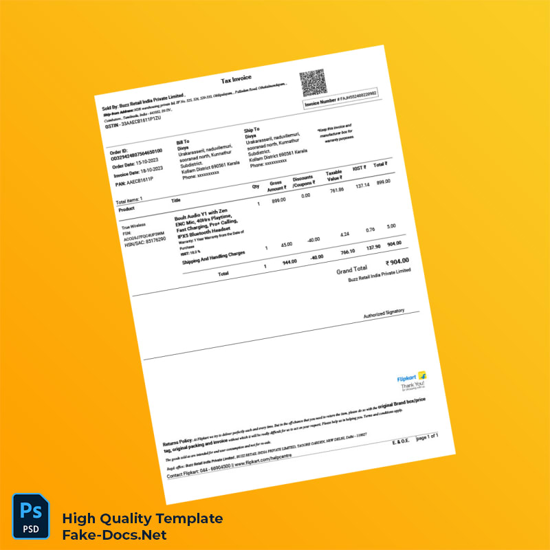 India Buzz Retail India Private Limited Tax Invoice Template in Word and PDF formats 2 page India Buzz Retail India Private Limited Tax Invoice Template in Word and PDF formats 2 page