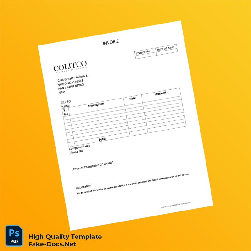 India COLITCO Invoice Template in Word and PDF formats India COLITCO Invoice Template in Word and PDF formats