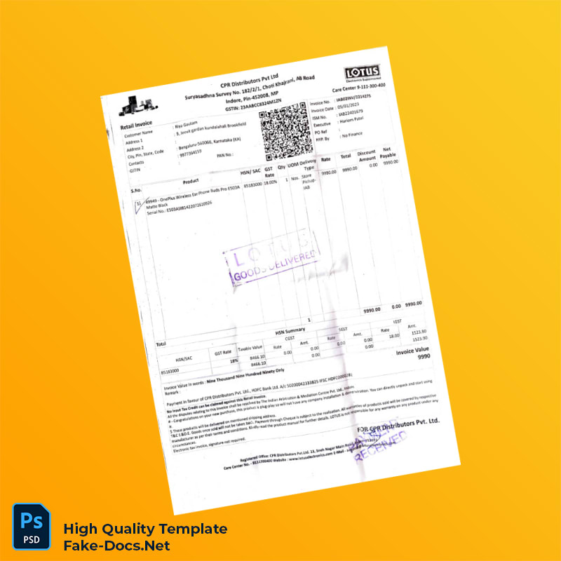 India CPR Distributors Pvt Ltd Invoice Template in Word and PDF formats India CPR Distributors Pvt Ltd Invoice Template in Word and PDF formats