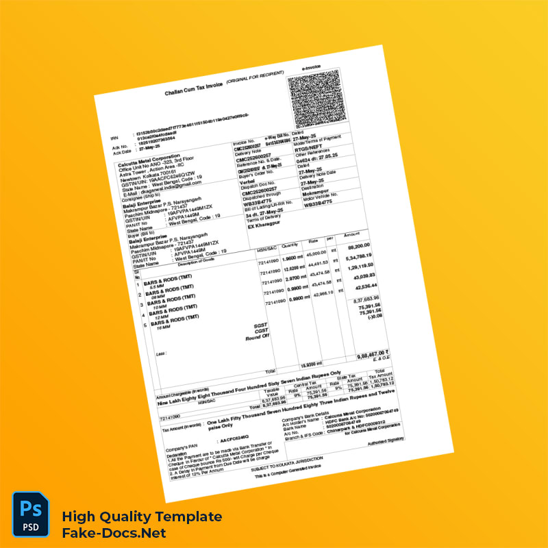 India Calcutta Metal Corporation Challan Cum Tax Invoice Template in Word and PDF formats 4 page India Calcutta Metal Corporation Challan Cum Tax Invoice Template in Word and PDF formats 4 page
