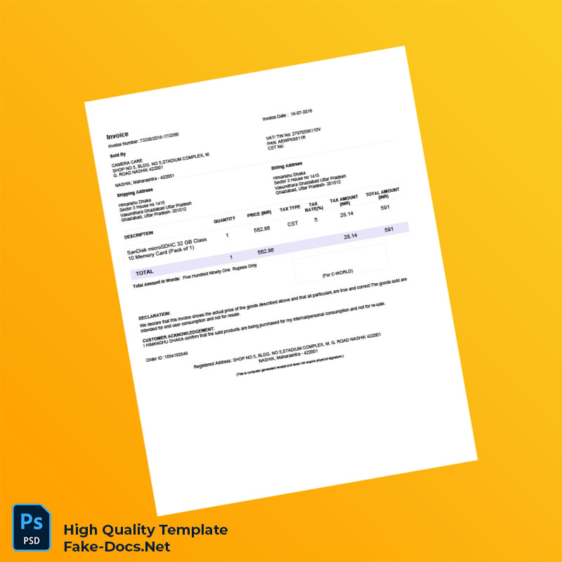 India Camera Care Invoice Template in Word and PDF formats 2 page India Camera Care Invoice Template in Word and PDF formats 2 page