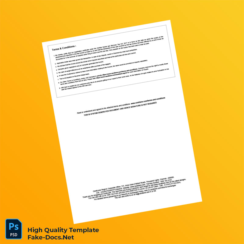 India CaratLane Trading Private Ltd Tax Invoice Template in Word and PDF formats 2 page India CaratLane Trading Private Ltd Tax Invoice Template in Word and PDF formats 2 page