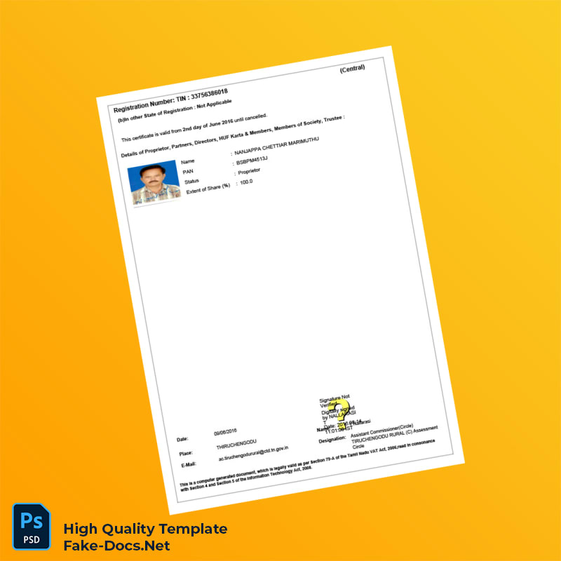 India Central Sales Tax Registration Certificate Template in Word and PDF formats 2 page India Central Sales Tax Registration Certificate Template in Word and PDF formats 2 page