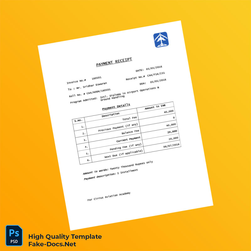 India Cirrus Aviation Academy Invoice Template in Word and PDF formats 2 page India Cirrus Aviation Academy Invoice Template in Word and PDF formats 2 page