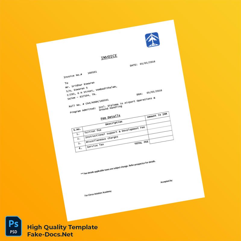 India Cirrus Aviation Academy Invoice Template in Word and PDF formats 2 page India Cirrus Aviation Academy Invoice Template in Word and PDF formats 2 page