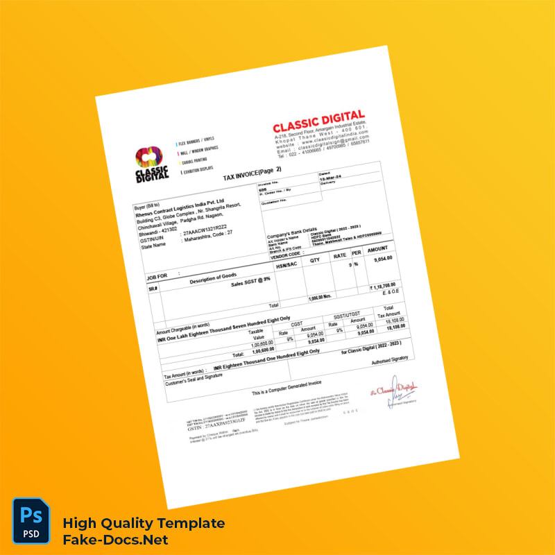 India Classic Digital Tax Invoice Template in Word and PDF formats 2 page India Classic Digital Tax Invoice Template in Word and PDF formats 2 page