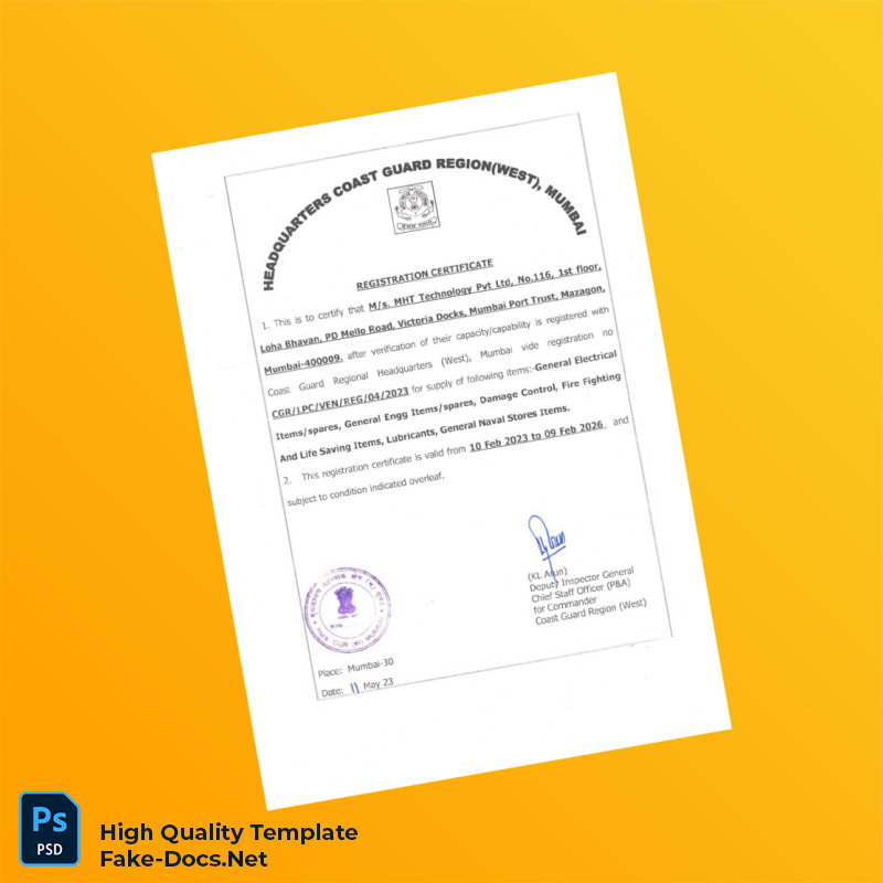 India Coast Guard Registration Certificate Template in Word and PDF formats India Coast Guard Registration Certificate Template in Word and PDF formats