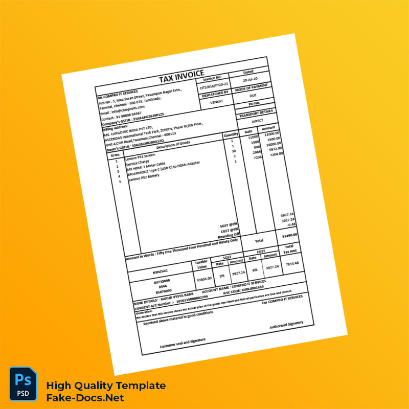 India Compro IT Services Invoice Template in Word and PDF formats India Compro IT Services Invoice Template in Word and PDF formats