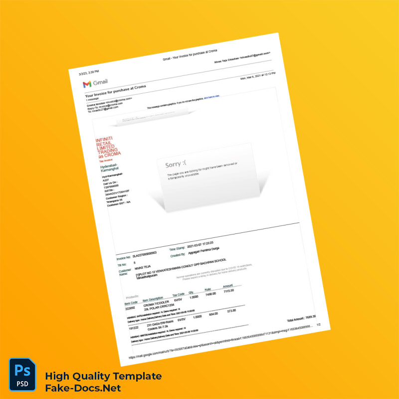 India Croma Invoice Template in Word and PDF formats 2 page India Croma Invoice Template in Word and PDF formats 2 page