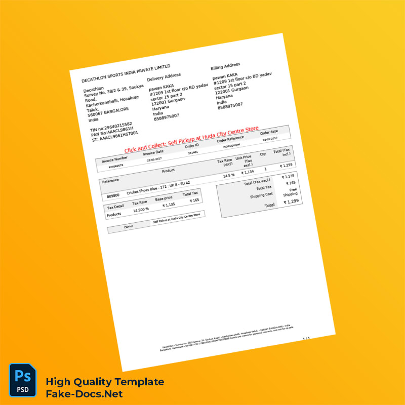India Decathlon Sports India Private Limited Invoice Template in Word and PDF formats India Decathlon Sports India Private Limited Invoice Template in Word and PDF formats