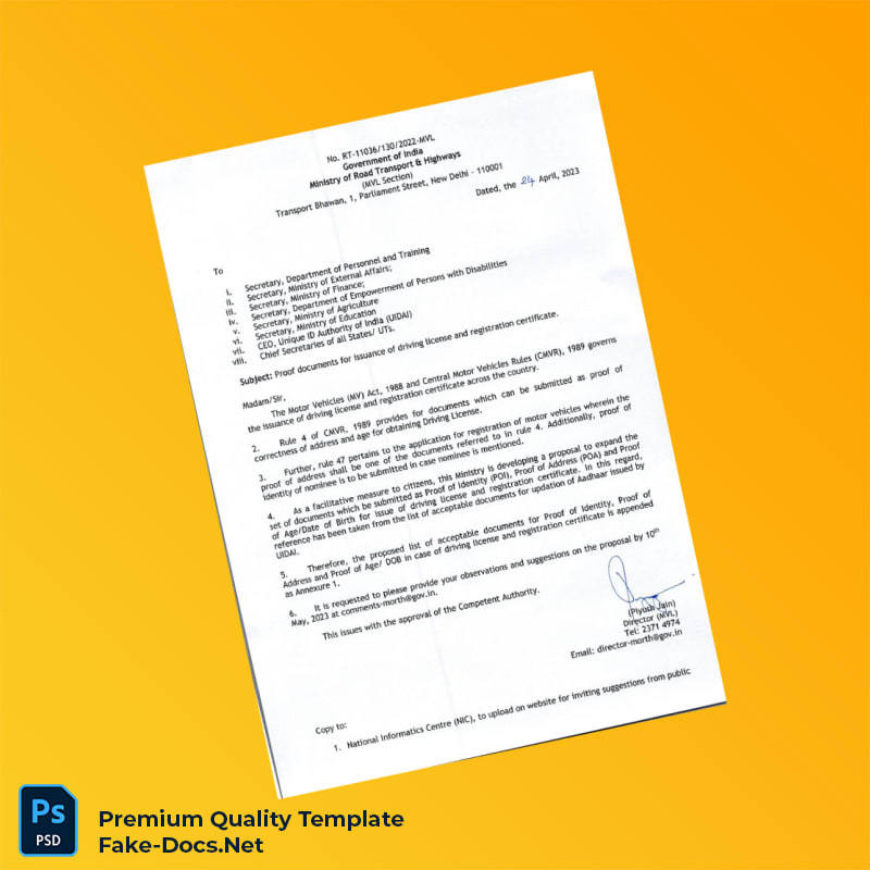 India Department of Transport Editable Registration Certificate Template (Word & PDF) 3 page India Department of Transport Editable Registration Certificate Template (Word & PDF) 3 page