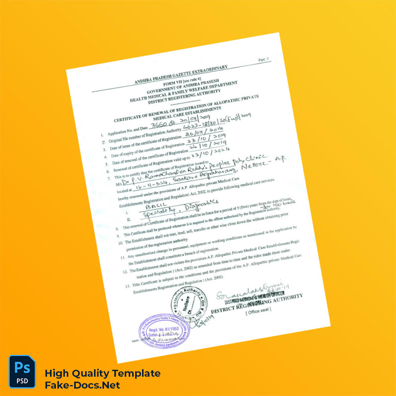 India District Registering Authority Editable Hospital Registration Certificate Template in Word and PDF formats India District Registering Authority Editable Hospital Registration Certificate Template in Word and PDF formats