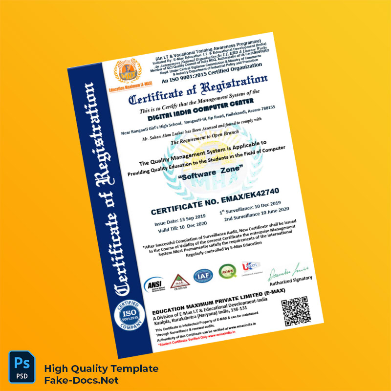 India E-Max Education I T Educational Development Business Registration Certificate Template in Word and PDF formats India E-Max Education I T Educational Development Business Registration Certificate Template in Word and PDF formats