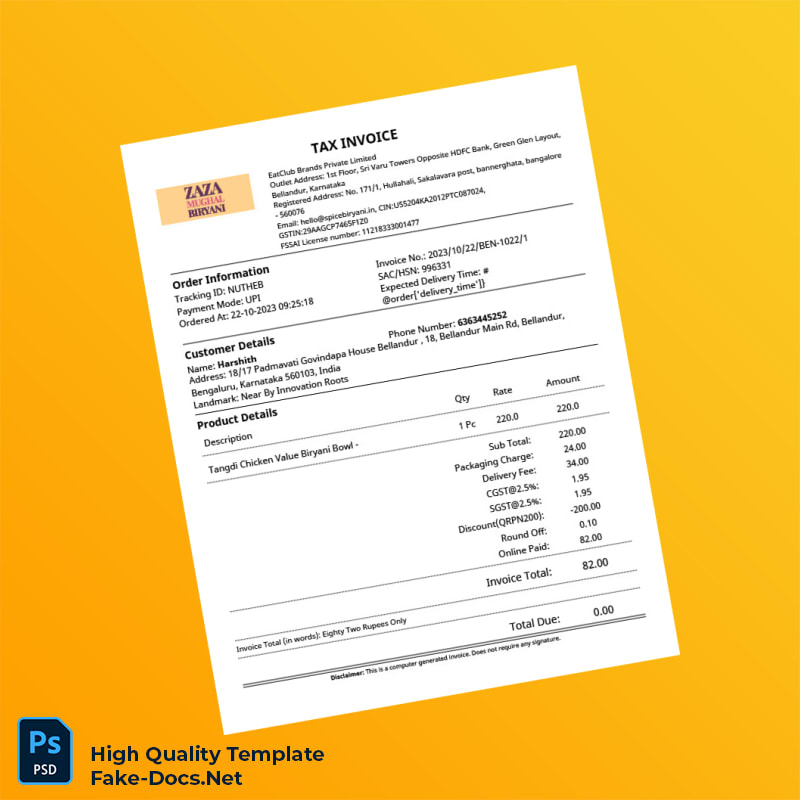 India EatClub Brands Private Limited Invoice Template in Word and PDF formats India EatClub Brands Private Limited Invoice Template in Word and PDF formats