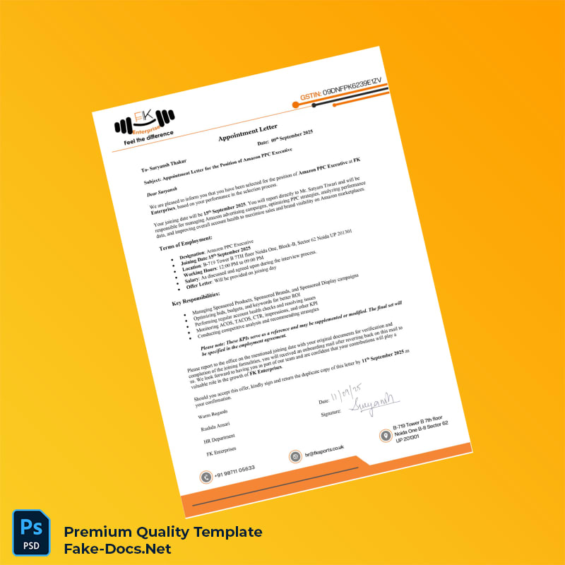 India FK Enterprises Appointment Letter Template (Word & PDF) India FK Enterprises Appointment Letter Template (Word & PDF)