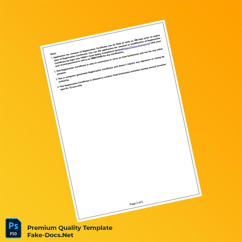 India FSSAI Business Registration Certificate Template (Word & PDF) 5 page India FSSAI Business Registration Certificate Template (Word & PDF) 5 page