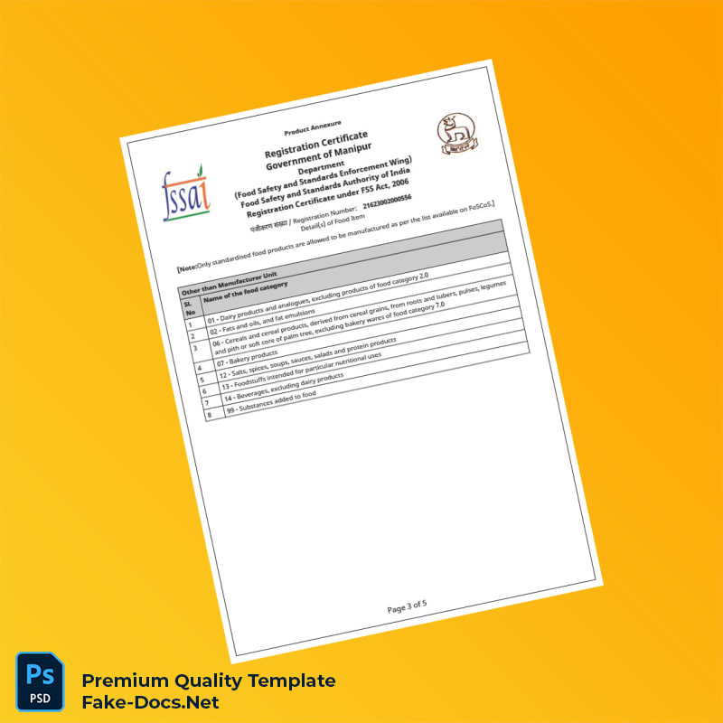 India FSSAI Business Registration Certificate Template (Word & PDF) 5 page India FSSAI Business Registration Certificate Template (Word & PDF) 5 page