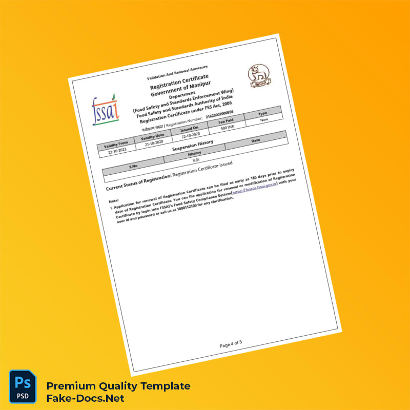 India FSSAI Business Registration Certificate Template (Word & PDF) 5 page India FSSAI Business Registration Certificate Template (Word & PDF) 5 page