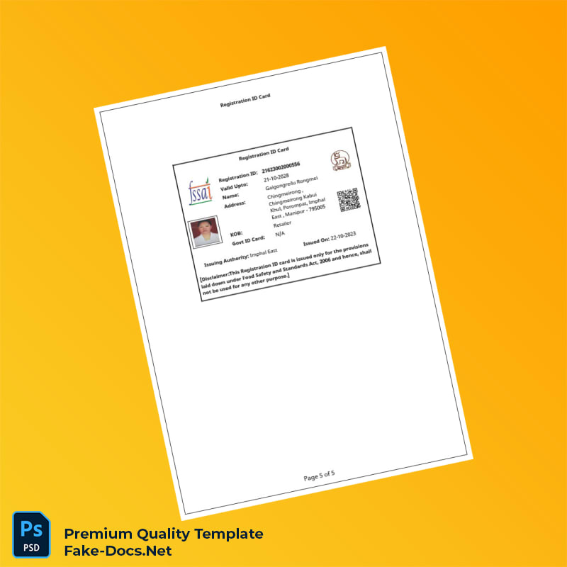 India FSSAI Business Registration Certificate Template (Word & PDF) 5 page India FSSAI Business Registration Certificate Template (Word & PDF) 5 page