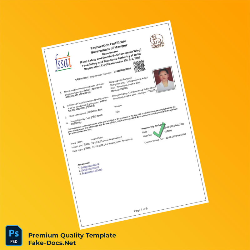 India FSSAI Business Registration Certificate Template (Word & PDF) 5 page India FSSAI Business Registration Certificate Template (Word & PDF) 5 page