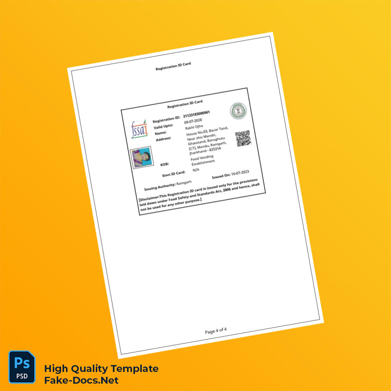 India FSSAI Editable Registration Certificate Template in Word and PDF formats 4 page India FSSAI Editable Registration Certificate Template in Word and PDF formats 4 page