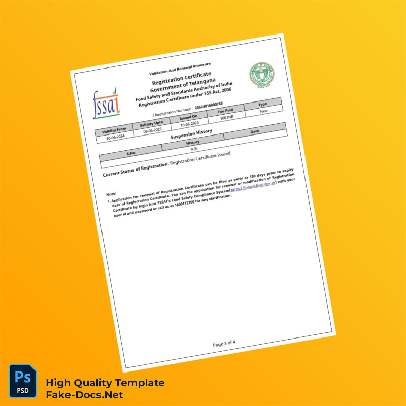 India FSSAI Food Safety and Standards Authority Business Registration Certificate Template in Word and PDF formats 4 page India FSSAI Food Safety and Standards Authority Business Registration Certificate Template in Word and PDF formats 4 page