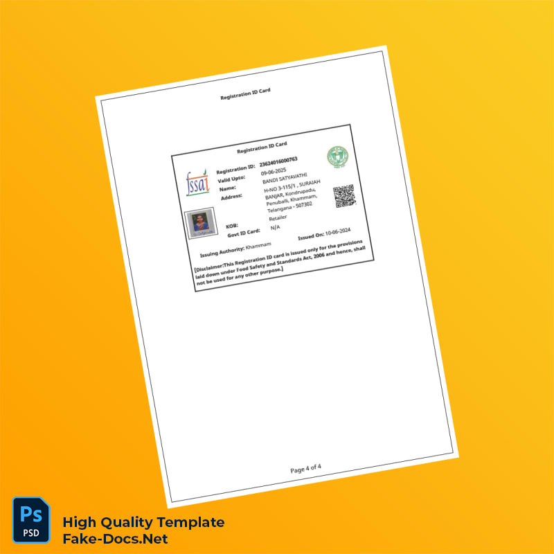 India FSSAI Food Safety and Standards Authority Business Registration Certificate Template in Word and PDF formats 4 page India FSSAI Food Safety and Standards Authority Business Registration Certificate Template in Word and PDF formats 4 page