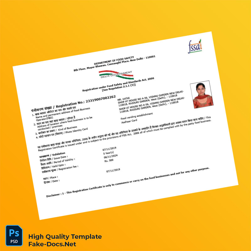 India FSSAI Registration Certificate Template in Word and PDF formats India FSSAI Registration Certificate Template in Word and PDF formats