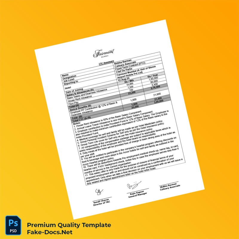 India Fairmont Mumbai Employment Verification Letter Template (Word & PDF) 2 page India Fairmont Mumbai Employment Verification Letter Template (Word & PDF) 2 page