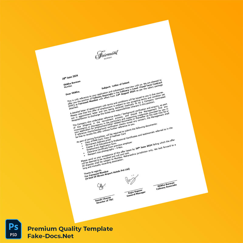 India Fairmont Mumbai Employment Verification Letter Template (Word & PDF) 2 page India Fairmont Mumbai Employment Verification Letter Template (Word & PDF) 2 page