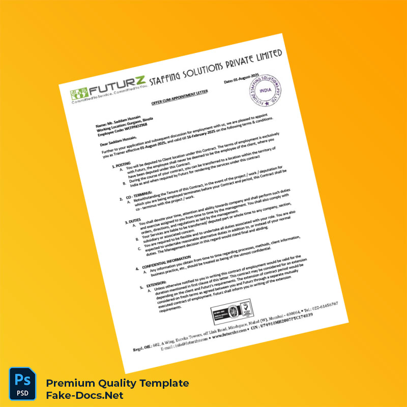 India Futurz Staffing Solutions Pvt Ltd Employment Verification Letter Template (Word & PDF) 5 page India Futurz Staffing Solutions Pvt Ltd Employment Verification Letter Template (Word & PDF) 5 page