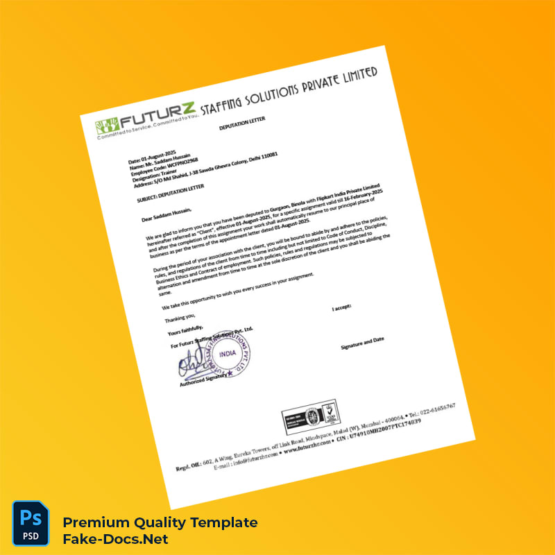 India Futurz Staffing Solutions Pvt Ltd Employment Verification Letter Template (Word & PDF) 5 page India Futurz Staffing Solutions Pvt Ltd Employment Verification Letter Template (Word & PDF) 5 page