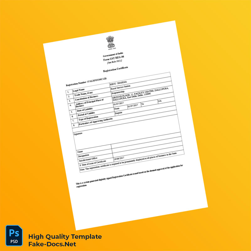 India GST Authority Registration Certificate Template in Word and PDF formats 3 page India GST Authority Registration Certificate Template in Word and PDF formats 3 page