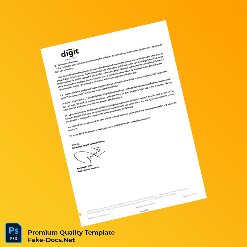 India Go Digit General Insurance Limited Employment Verification Letter Template (Word & PDF) 3 page India Go Digit General Insurance Limited Employment Verification Letter Template (Word & PDF) 3 page