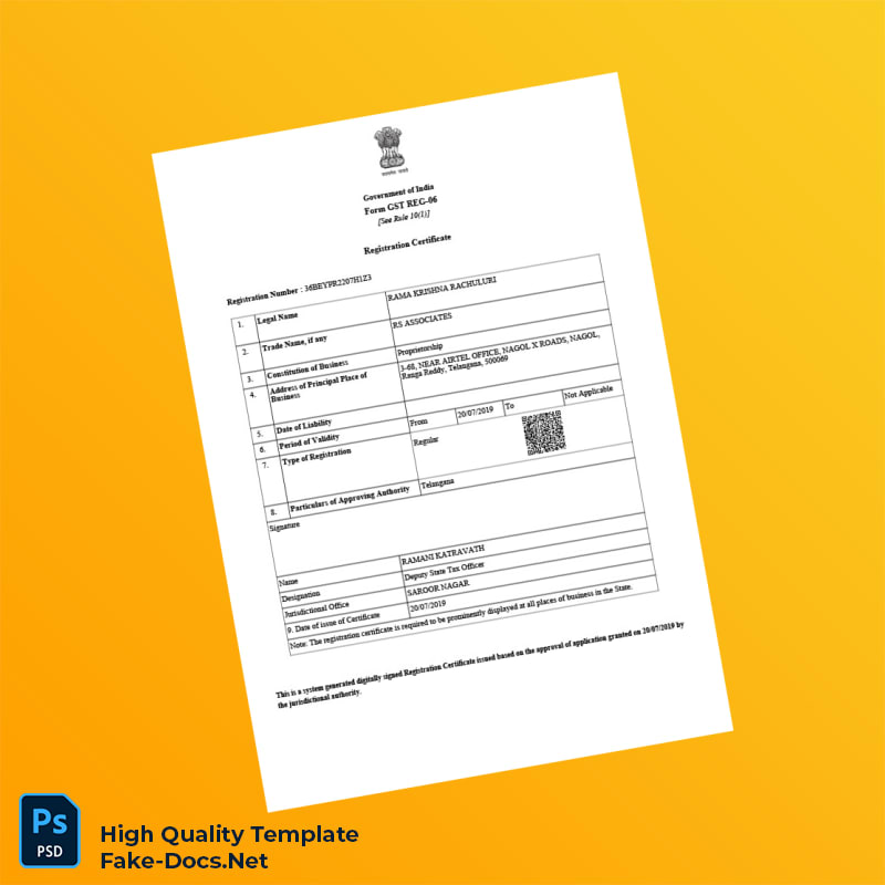 India Government of India GST Registration Certificate Template in Word and PDF formats 3 page India Government of India GST Registration Certificate Template in Word and PDF formats 3 page