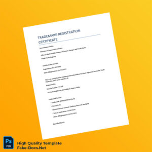 India Government of India Trademark Registration Certificate Template in Word and PDF formats 2 page