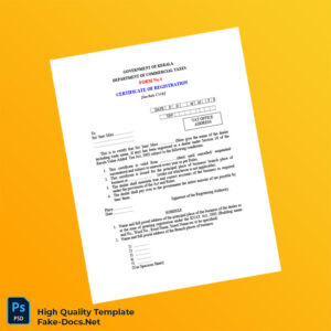 India Government of Kerala Department of Commercial Taxes Business Registration Certificate Template in Word and PDF formats 6 page
