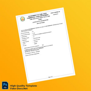 India Government of Tamil Nadu Commercial Taxes Department Business Registration Certificate Template in Word and PDF formats 2 page